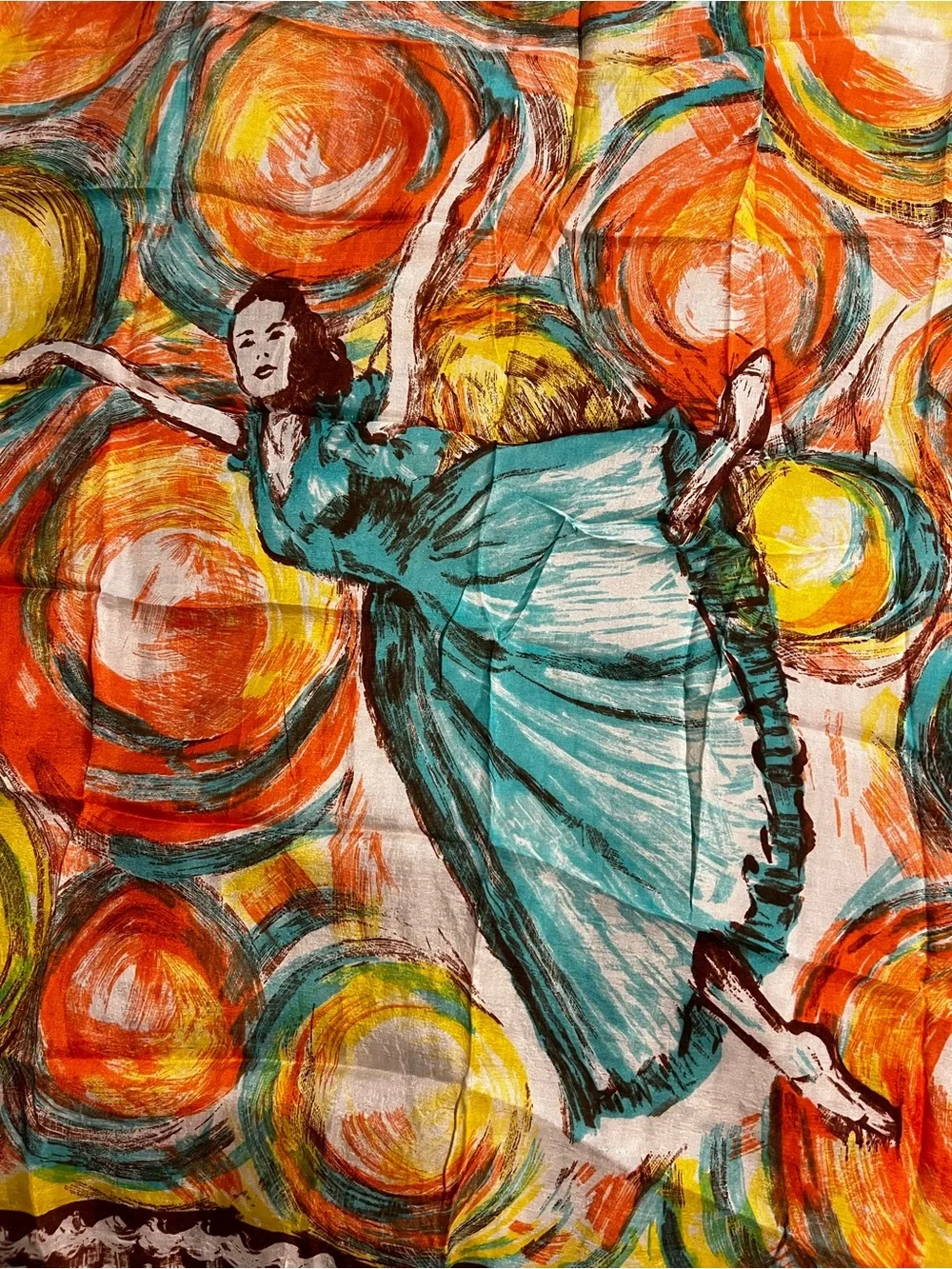 Glentex Turquoise Ballerina Print Scarf with Orange and Yellow Circles